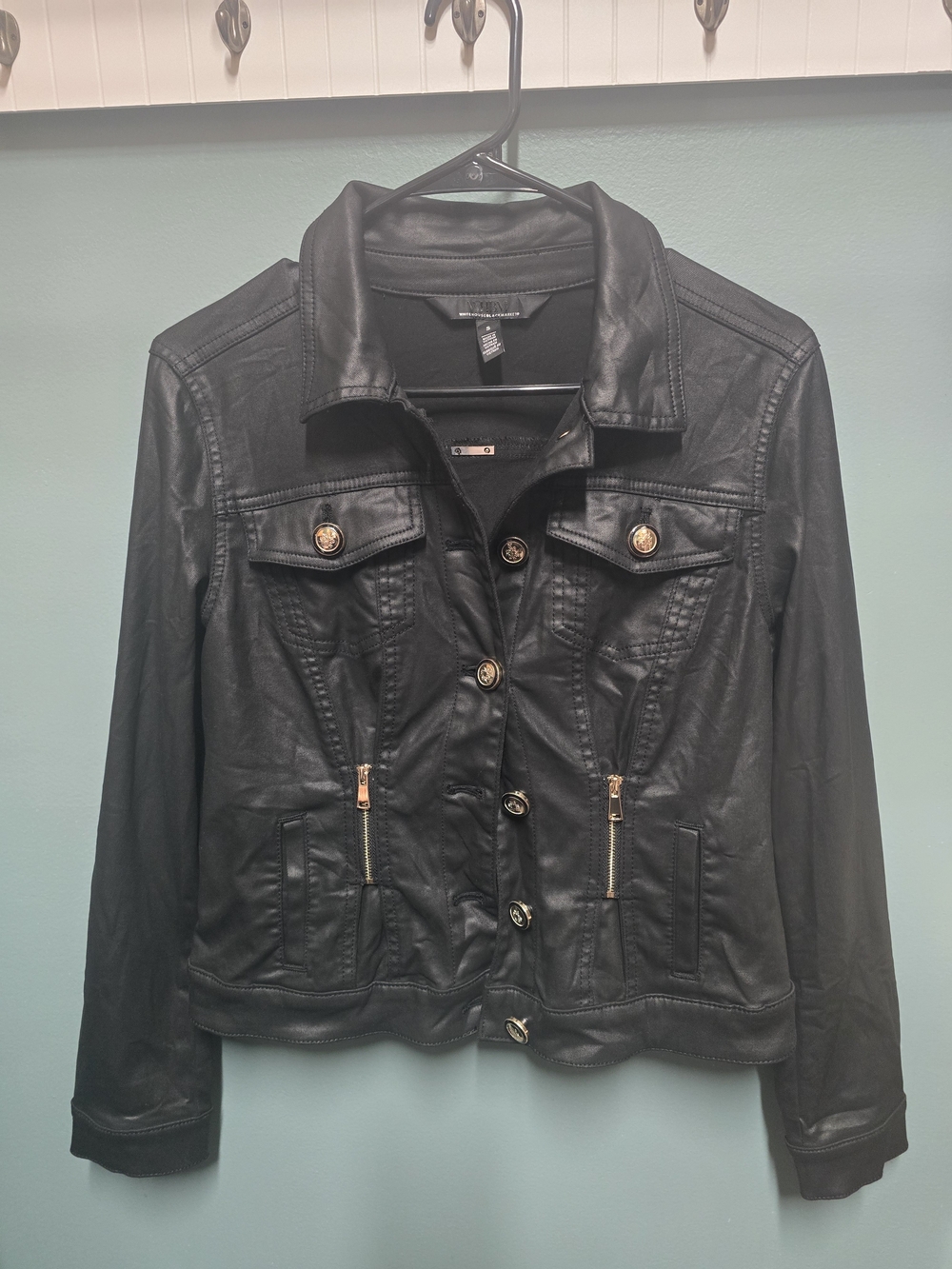 Black Women's Faux Leather Jacket with Gold Hardware